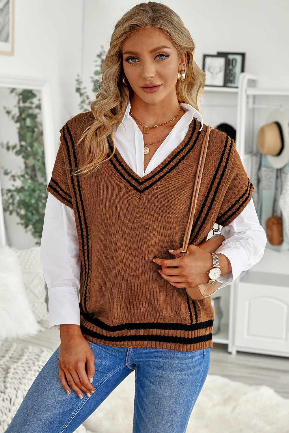 Striped Trim V-Neck Sweater Vest (multiple color options)