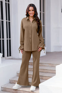 Drawstring Flounce Sleeve Shirt and Pants Set (multiple color options)