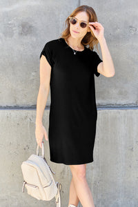 Bamboo Round Neck Short Sleeve Dress with Pockets