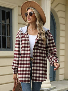 Drawstring Plaid Long Sleeve Hooded Jacket (multiple color options)