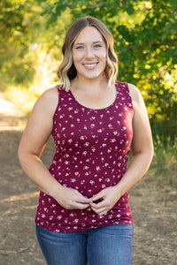 Luxe Crew Tank Top - Micro Burgundy Floral