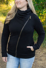 Load image into Gallery viewer, black zip up cowl womens sweatshirt
