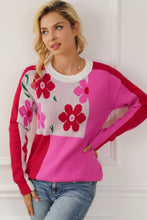 Load image into Gallery viewer, Flower Color Block Round Neck Sweater
