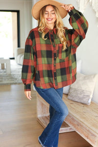 Rock'n Plaid Button Down Oversized Shirt in Olive & Rust