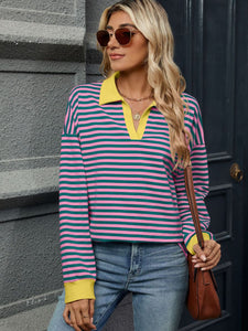 Striped Johnny Collar Long Sleeve Sweatshirt (multiple color options)