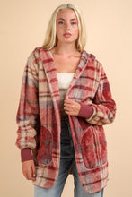 Load image into Gallery viewer, Fuzzy Plaid Long Sleeve Hooded Jacket
