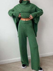 Slit Turtleneck Long Sleeve Top and Pants Sweater Set (multiple color options)