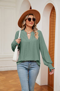 Notched Neck Flounce Sleeve Blouse (multiple color options)