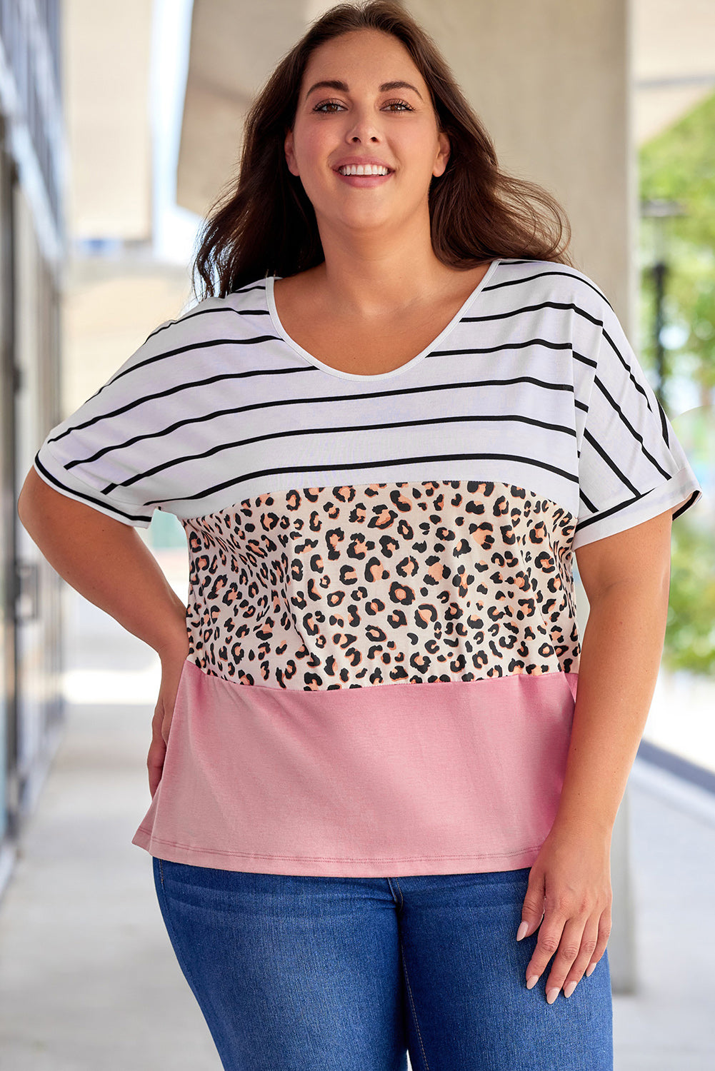 Striped Leopard Round Neck Half Sleeve T-Shirt