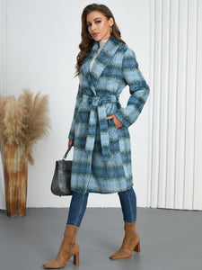 Plaid Tie Waist Long Sleeve Coat (multiple color options)