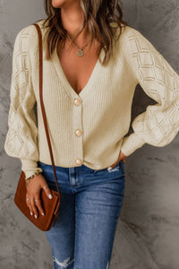 Openwork V-Neck Button Up Cardigan