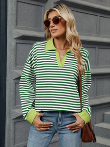 Striped Johnny Collar Long Sleeve Sweatshirt (multiple color options)