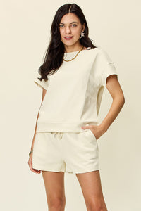 Texture Short Sleeve Top and Drawstring Shorts Set (multiple color options)