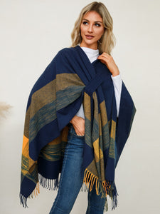 Fringe Contrast Plaid Poncho (multiple color options)