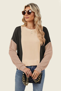 Texture Contrast Round Neck Long Sleeve Top (multiple color options)