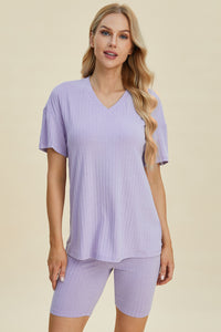 Ribbed V-Neck Short Sleeve Top and Shorts Set (multiple color options)