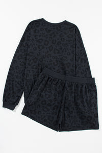 Leopard Round Neck Top and Shorts Lounge Set in Black