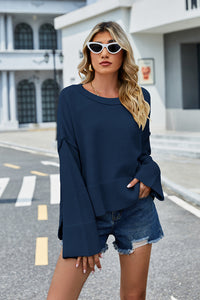 Round Neck Dropped Shoulder Slit Sweater (multiple color options)