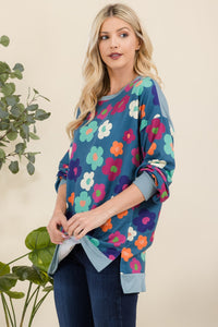 Side Slit Flower Print Long Sleeve Top in Teal