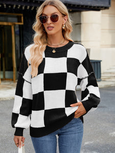 Checkered Round Neck Long Sleeve Sweater (multiple color options)