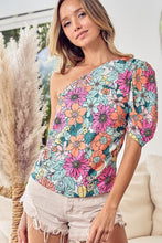 Load image into Gallery viewer, Floral Puff Sleeve One Shoulder Top
