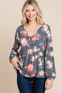 Babydoll Floral Long Sleeve Blouse in Charcoal