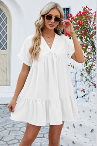 Ruched Tiered V-Neck Short Sleeve Mini Dress (multiple color options)