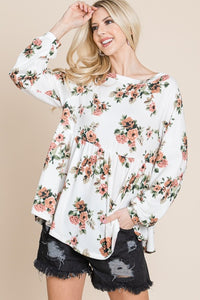 Babydoll Floral Boat Neck Long Sleeve Blouse