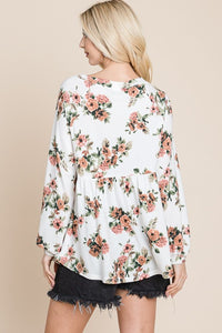 Babydoll Floral Boat Neck Long Sleeve Blouse