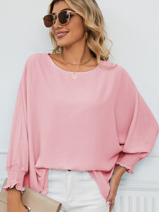 Smocked Lantern Sleeve Round Neck Blouse (multiple color options)