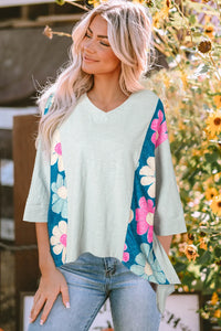 Slit Floral V-Neck Three-Quarter Sleeve Top (2 color options)