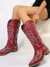 Load image into Gallery viewer, PU Leather Embroidered Geometric Point Toe Boots
