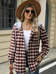 Drawstring Plaid Long Sleeve Hooded Jacket (multiple color options)