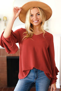 Falling In Love Hi-Lo Ruffle Sleeve Woven Top in Rust