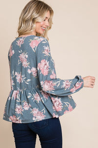 Babydoll Floral Long Sleeve Blouse in Blue