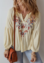 Load image into Gallery viewer, Embroidered Notched Long Sleeve Blouse
