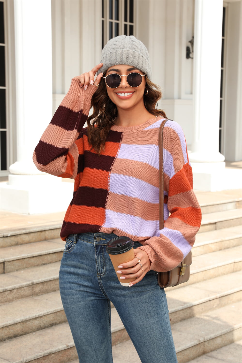 Round Neck Long Sleeve Color Block Dropped Shoulder Sweater (multiple color options)