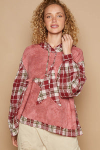 POL Star Patch Plaid Long Sleeve Hooded Top