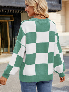 Checkered Round Neck Long Sleeve Sweater (multiple color options)