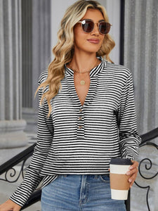 Striped Notched Long Sleeve Top (multiple color options)