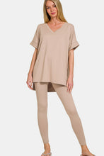 Load image into Gallery viewer, V-Neck Rolled Short Sleeve T-Shirt and Leggings Lounge Set in Lt Mocha
