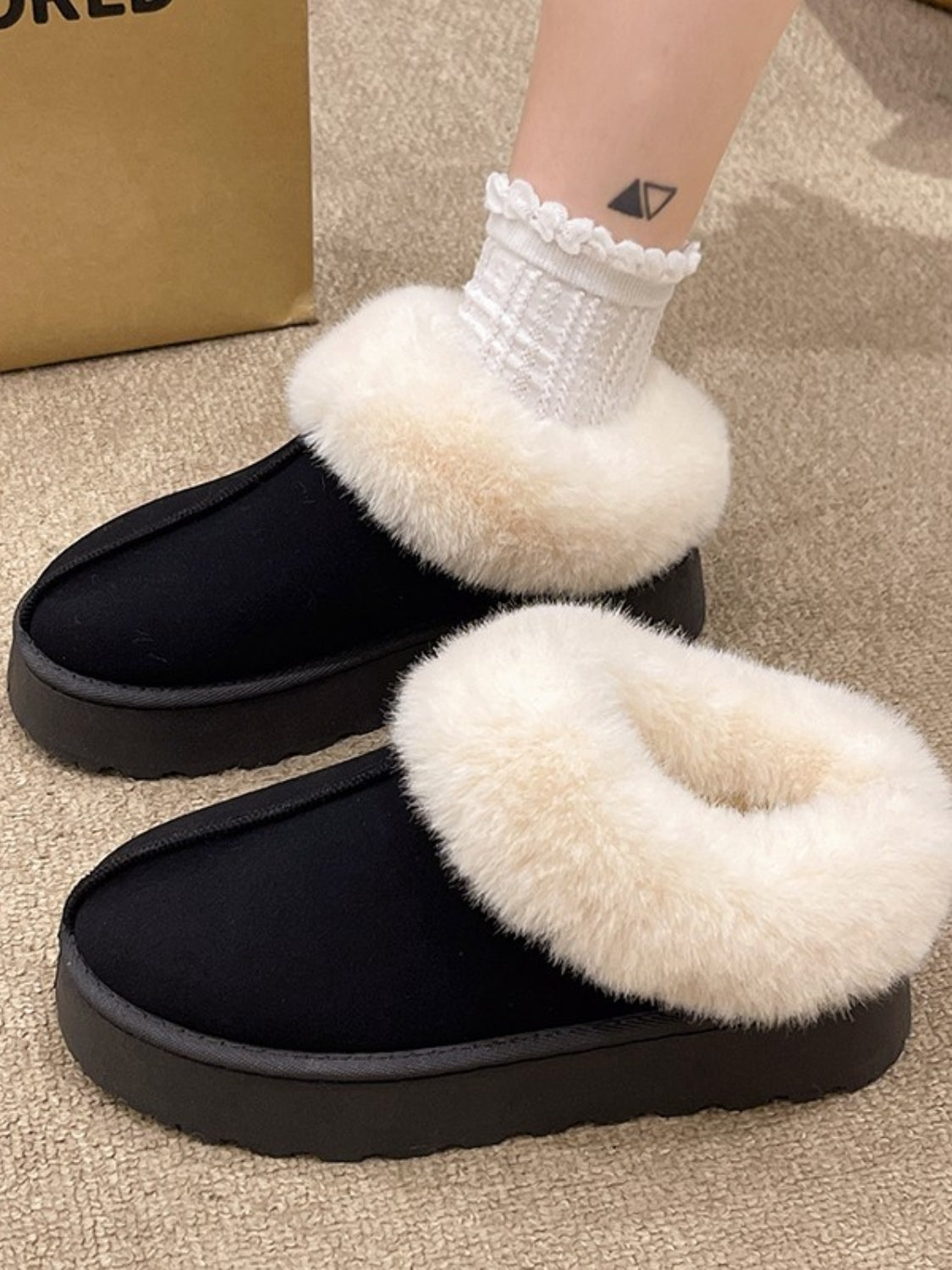 Fluff Trim Round Toe Booties (multiple color options)