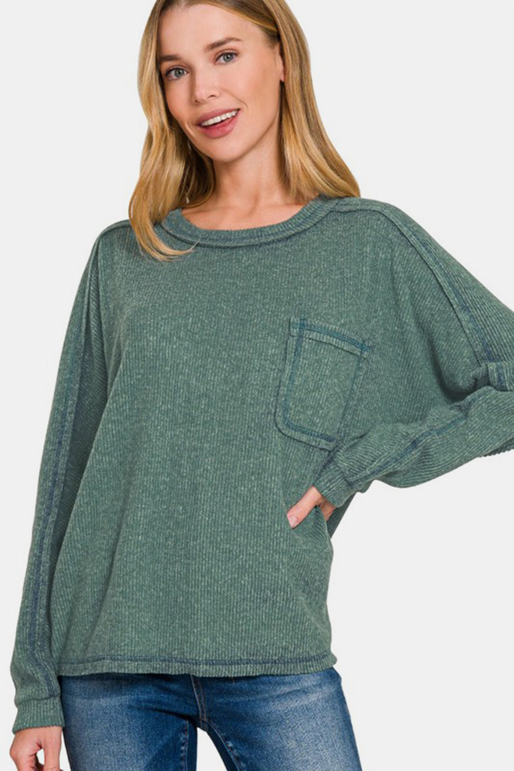 Contrast Stitching Brushed Ribbed Hacci Knit Top in Ash Jade