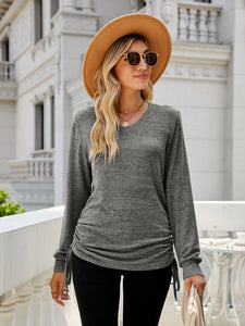 Drawstring V-Neck Long Sleeve Top (multiple color options)