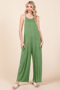 Sleeveless Wide Leg Jumpsuit with Pockets in Green