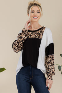 Leopard Color Block Exposed Seam Top