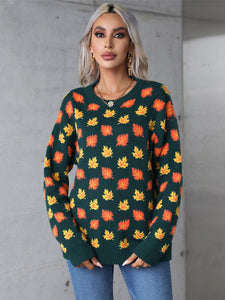 Maple Leaf Round Neck Long Sleeve Sweater (2 color options)