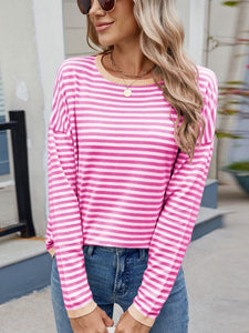 Striped Contrast Round Neck Long Sleeve Sweater (multiple color options)