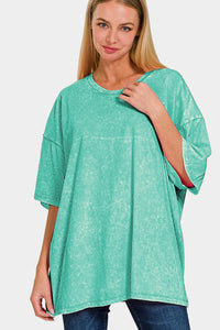 Washed Round Neck Drop Shoulder Oversized T-Shirt in Turquoise