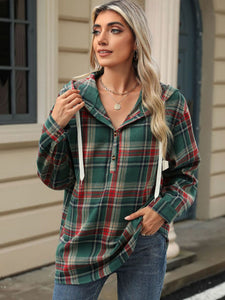 Drawstring Plaid Hooded Long Sleeve Top (multiple color options)